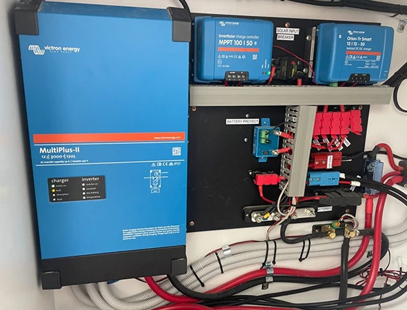 A blue and white electrical panel labeled with text, featuring multiple wires representing key elements of electrical and power systems.